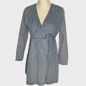 Vintage Guess 1990s Denim Dress sz L Wrap Dress Long Sleeve Cotton Made in USA